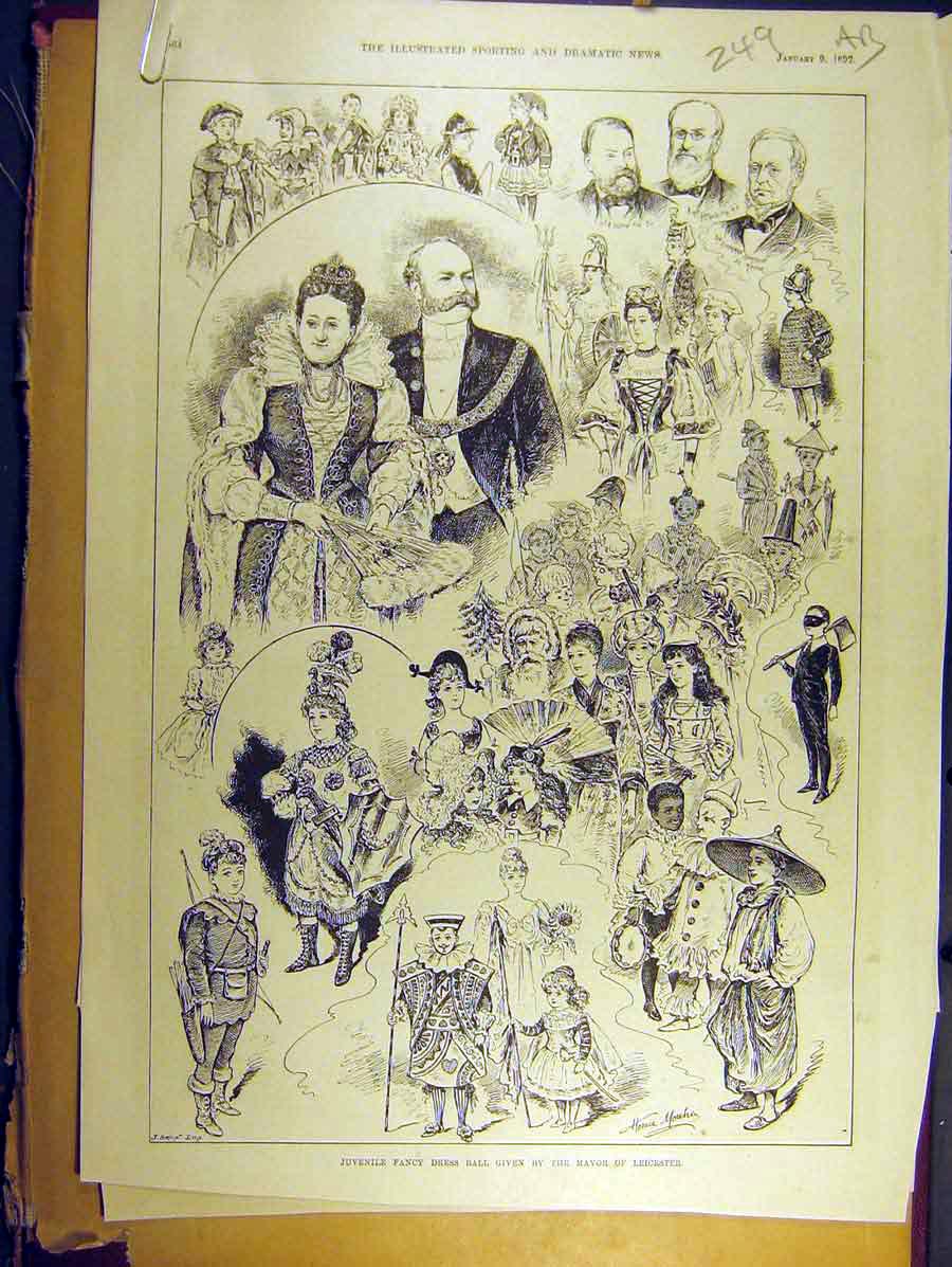 Old Antique Print 1892 Juvenile Fancy Dress Ball Leicester Sketch Mansion 19th