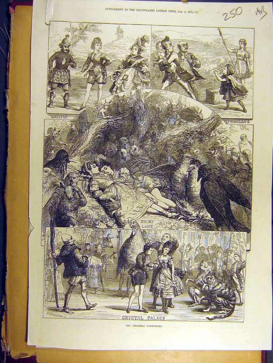 Old Antique Print 1873 Crystal Palce Theatre Sketches Pantomimes Scenes 19th