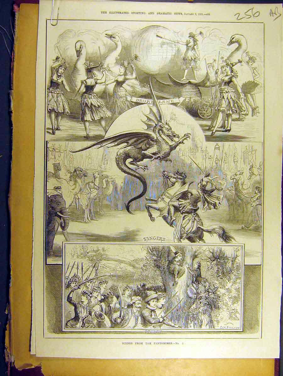 Original Old Antique Print 1881 Drury-Lane Pantomime Sketches Woolwich Siers
