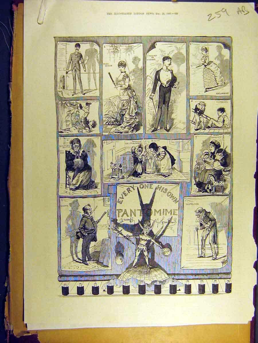Original Old Antique Print 1883 Pantomime Sketches Theatre Dream Chancifancia