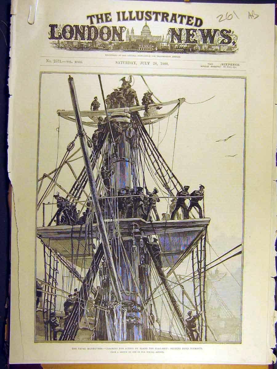 Old Antique Print 1888 Flag-Ship Naval Manoeuvres Topmast Electric Light 19th
