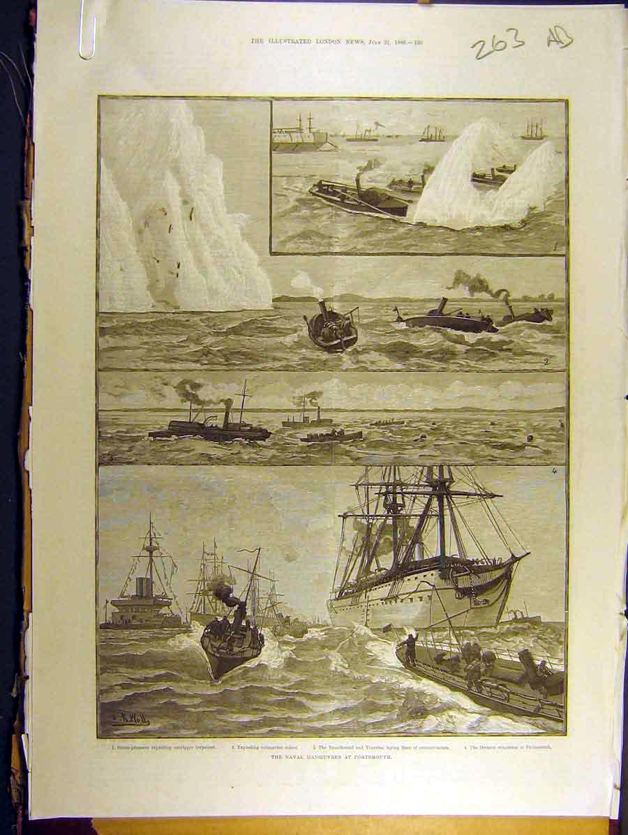 Old Antique Print 1886 Naval Manoeuvre Portsmouth Mersey Fremantle Thames 19th