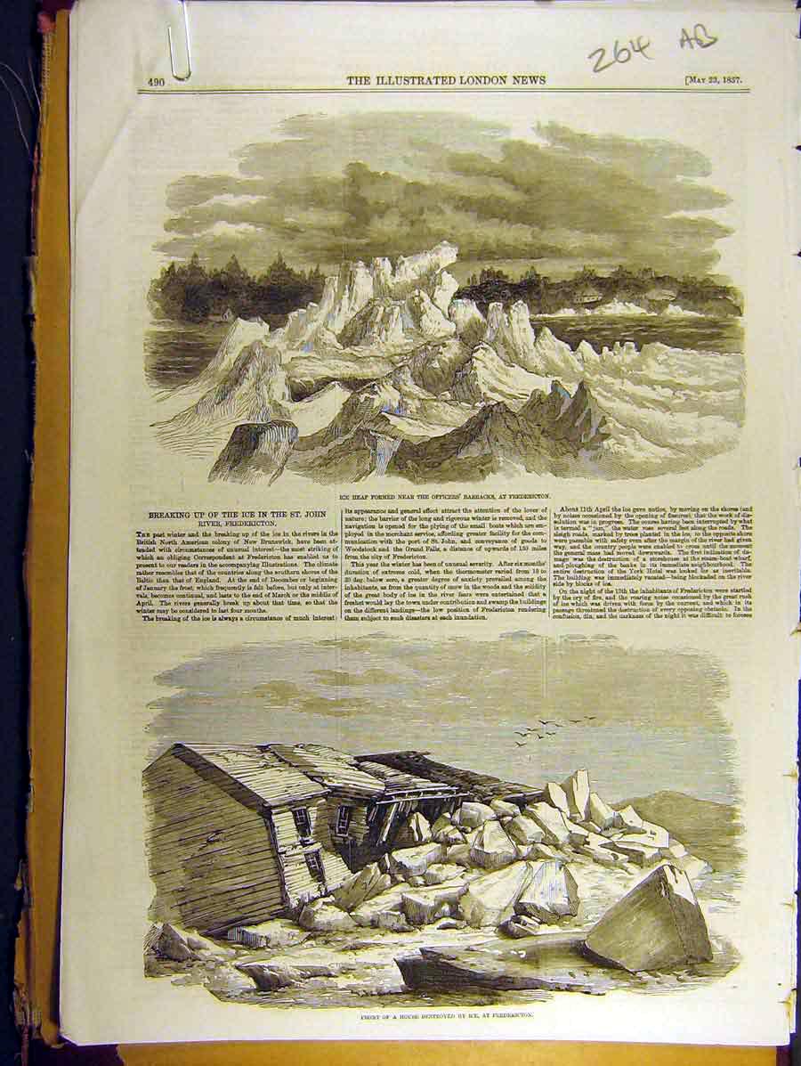 Old Antique Print 1857 Ice Fredericton St. John River House Destruction 19th