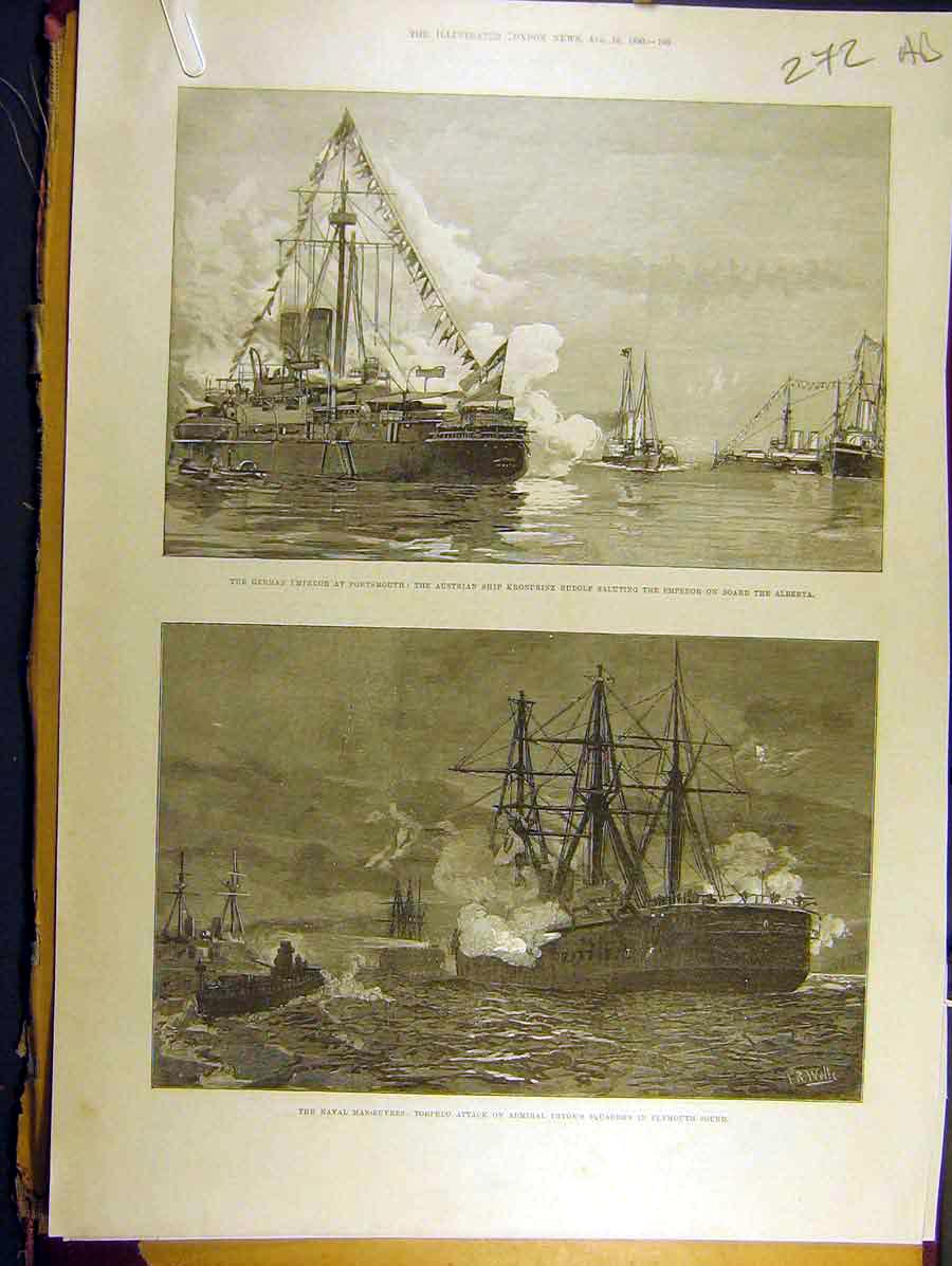 Old Antique Print 1890 German Emperor Naval Manoeuvres Alberta Squadron 19th