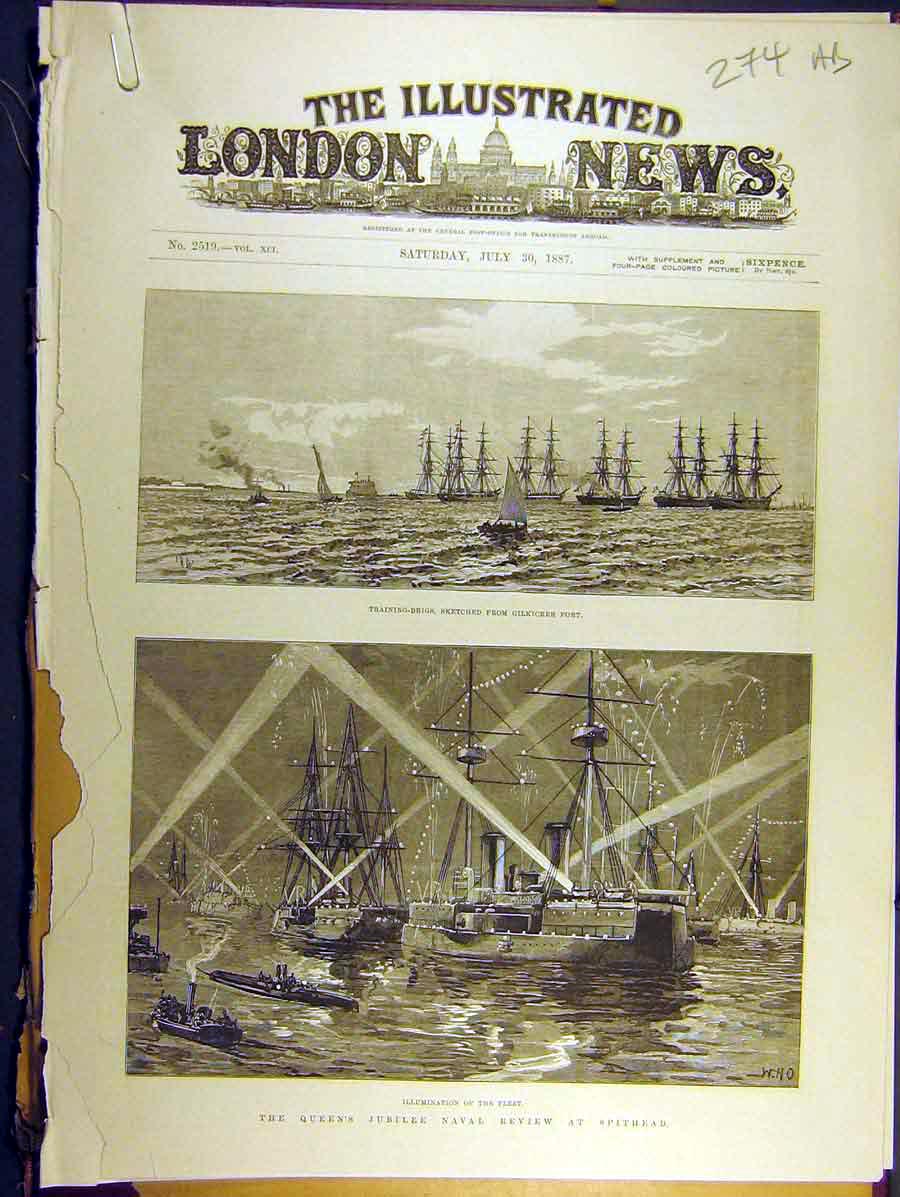 Original Old Antique Print 1887 Queen Jubilee Spithead Review Naval Royal-Yacht