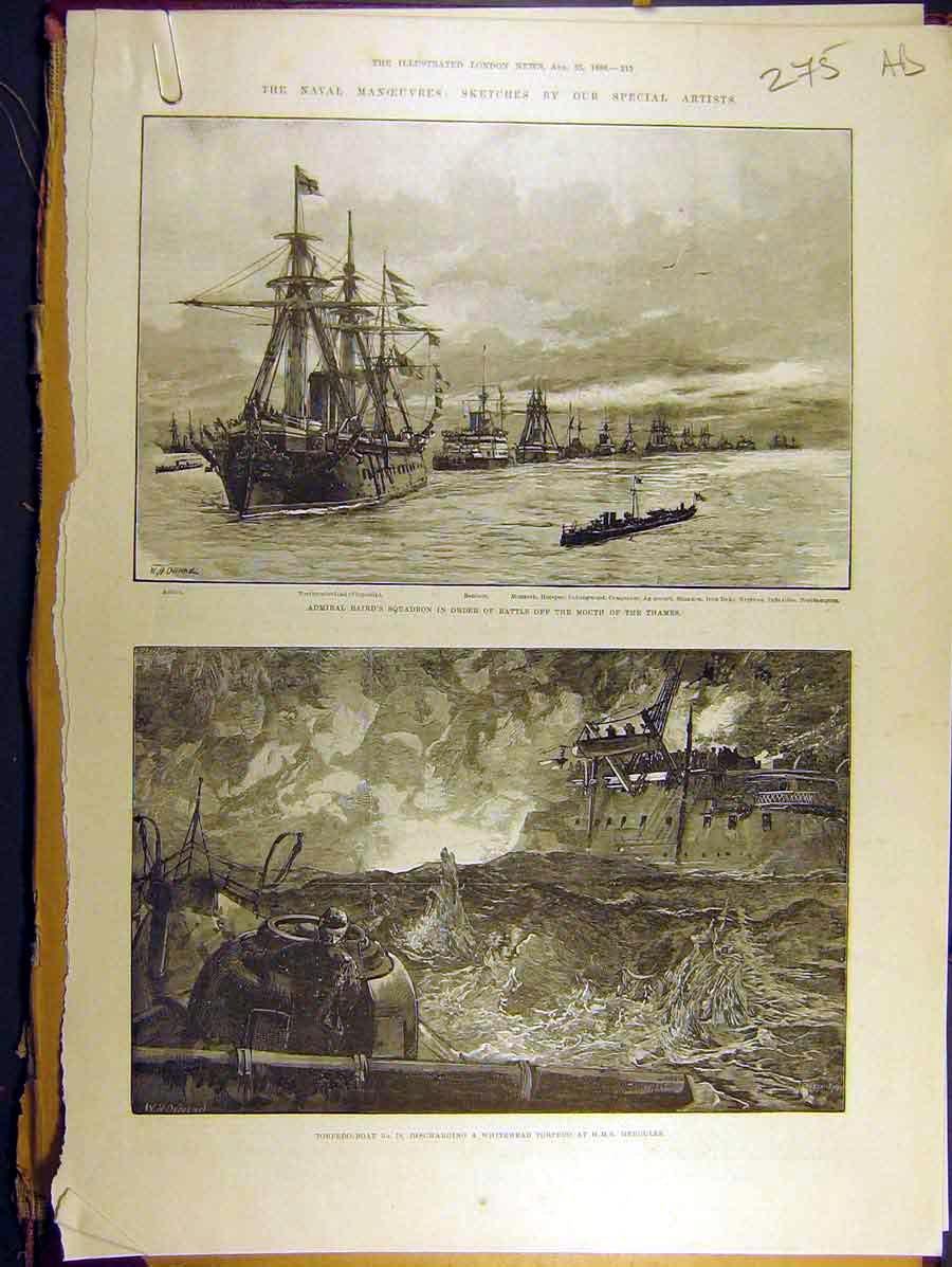 Original Old Antique Print 1888 Naval Manoeuvres Thames Hms Hercules Squadron