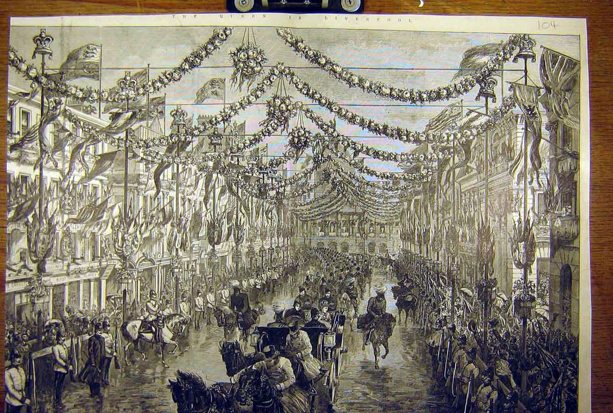 Original Old Antique Print 1886 Royal Procession Castle-Street Liverpool Queen