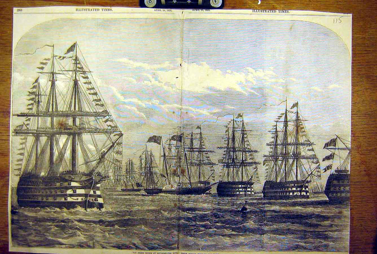 Original Old Antique Print 1856 Grand Review Spithead Royal Yacht Fleet Naval