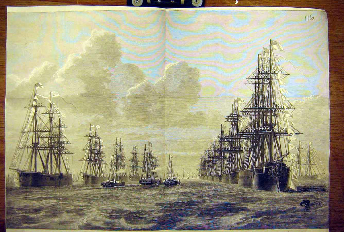 Original Old Antique Print 1873 Naval Review Spithead Royal Yacht Shah Navy