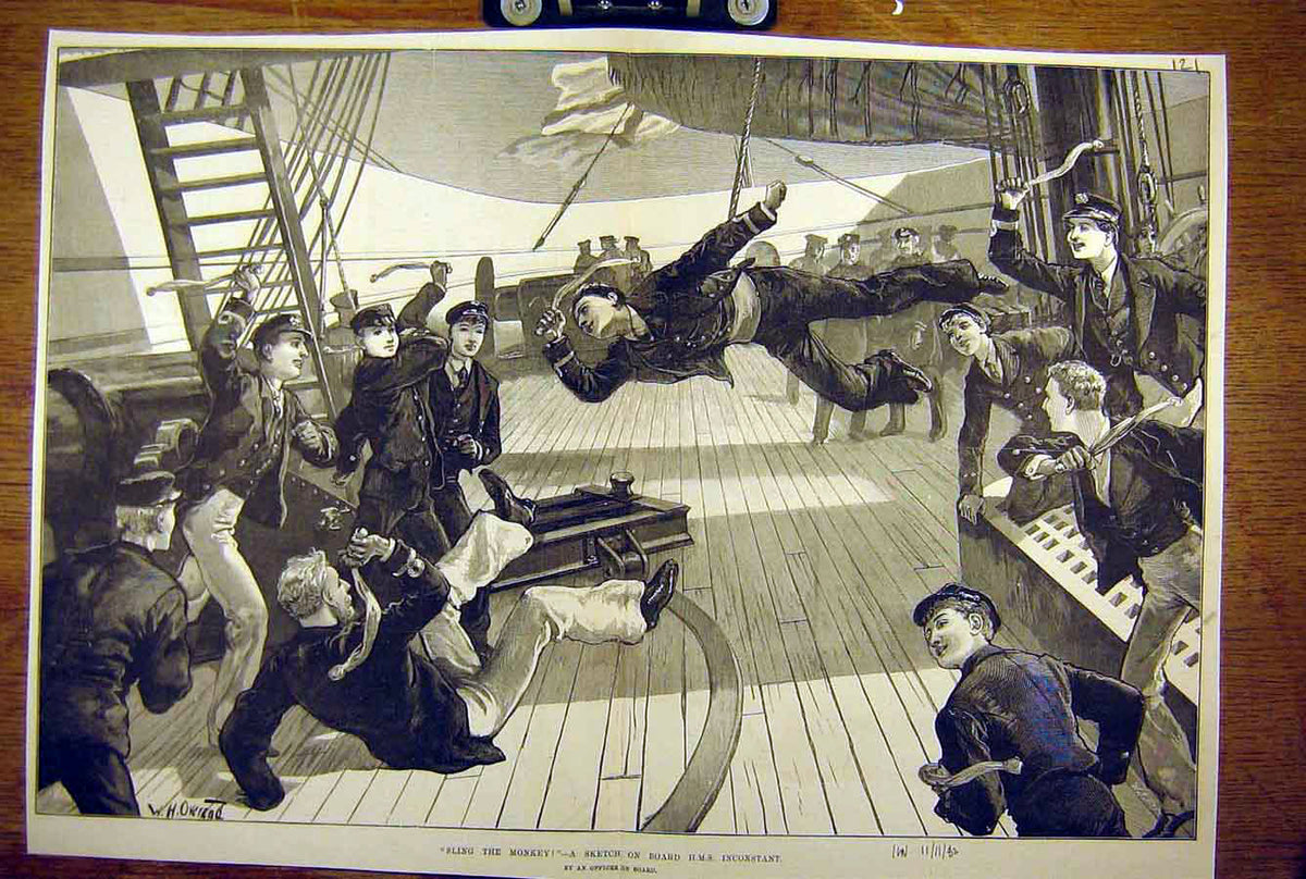 Original Old Antique Print 1882 Sling-The-Monkey Sketch On-Board Hms Inconstant