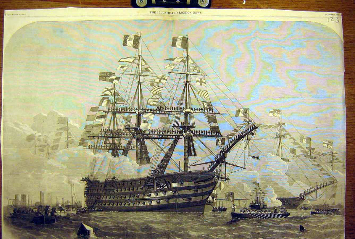 Old Antique Print 1858 Cherbourg Fete Bretagne Ship Visit Emperor Empress 19th