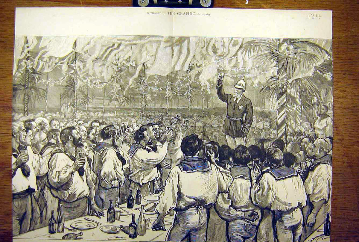 Original Old Antique Print 1875 Royal Visit Bombay India Banquet Sailors Fleet