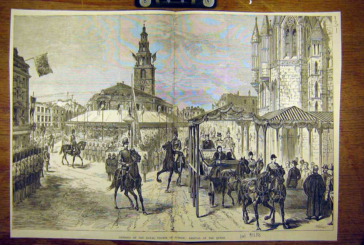 Original Old Antique Print 1882 Royal Courts Justice Queen Procession Cortege