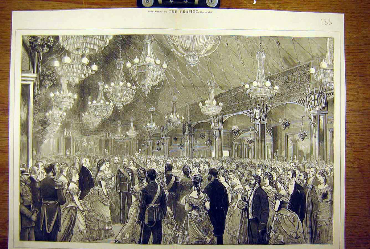 Original Old Antique Print 1876 Prince Wales Royal Quadrille Grand Ball Room
