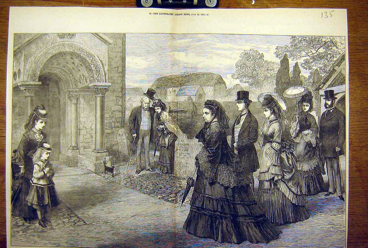 Original Old Antique Print 1872 Sunday Morning Whippingham Church Isle-Of-Wight