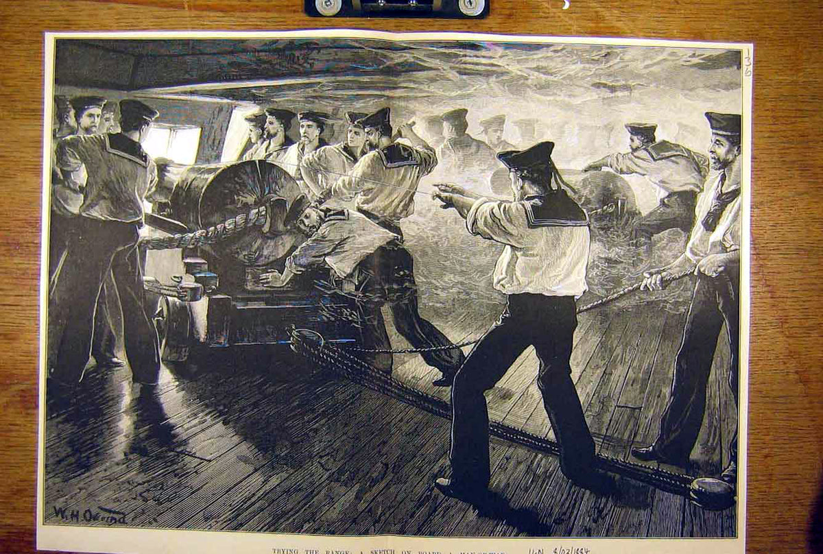 Original Old Antique Print 1884 Sketch On-Board Man-Of-War Naval Sailors Navy