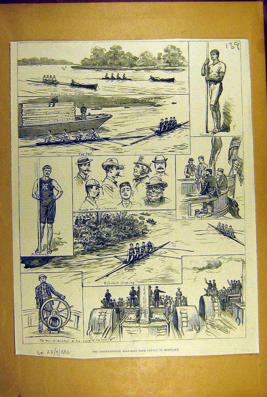 Original Old Antique Print 1882 International Boat-Race Putney-Mortlake Sketches