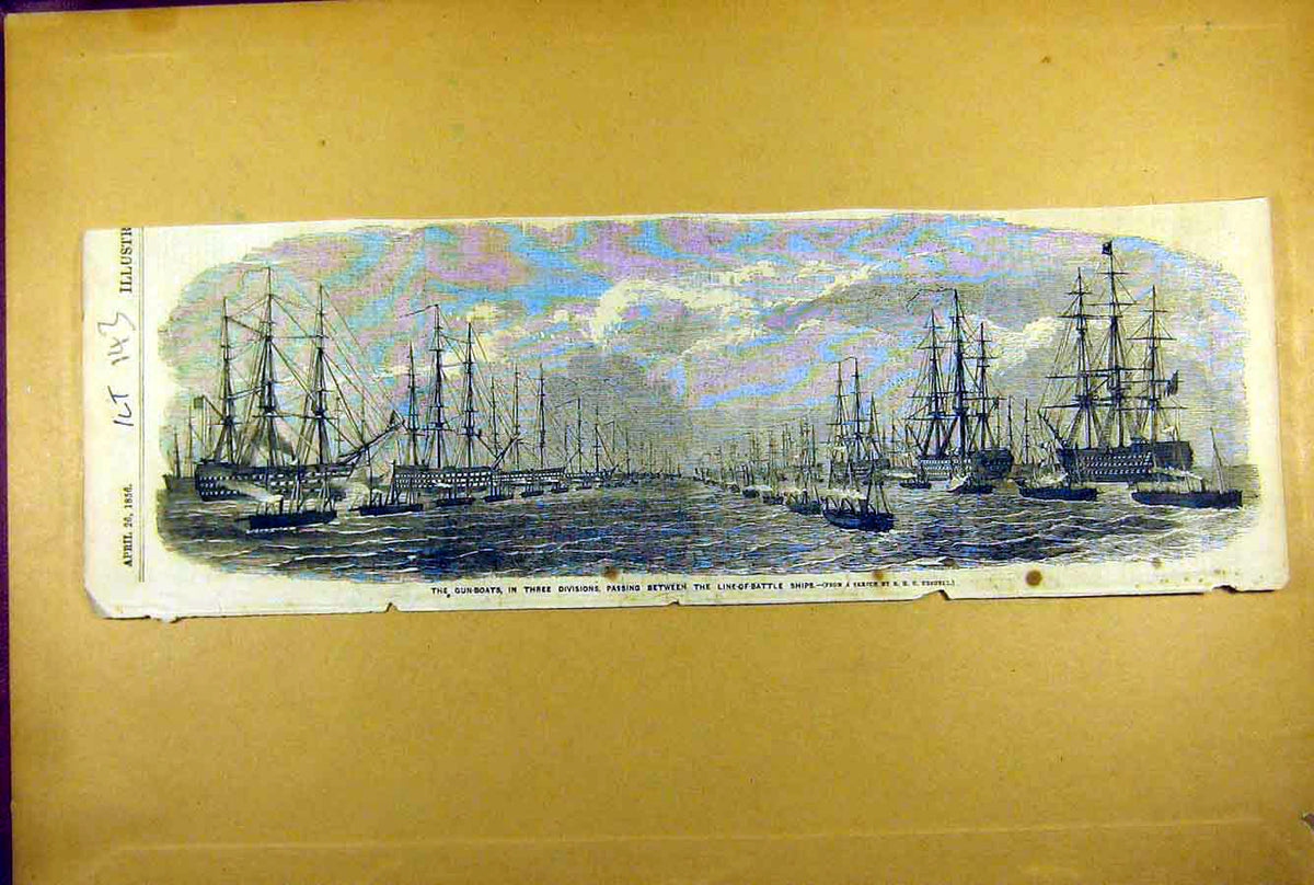 Original Old Antique Print 1856 Gun-Boats Battle-Ships Review Naval Navy 19th