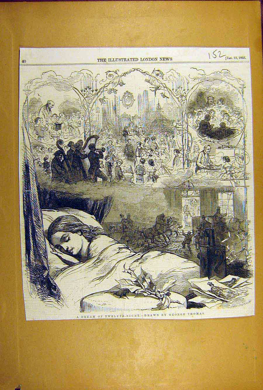Original Old Antique Print 1855 Dream Twelfth-Night Child Sleeping Thomas Sketch