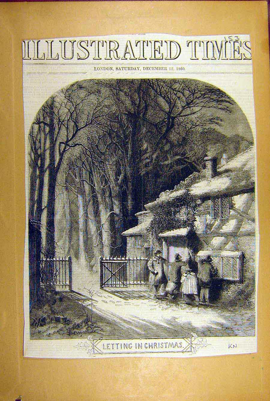 Original Old Antique Print 1860 Letting-In-Christmas Winter Scene Sketch 19th