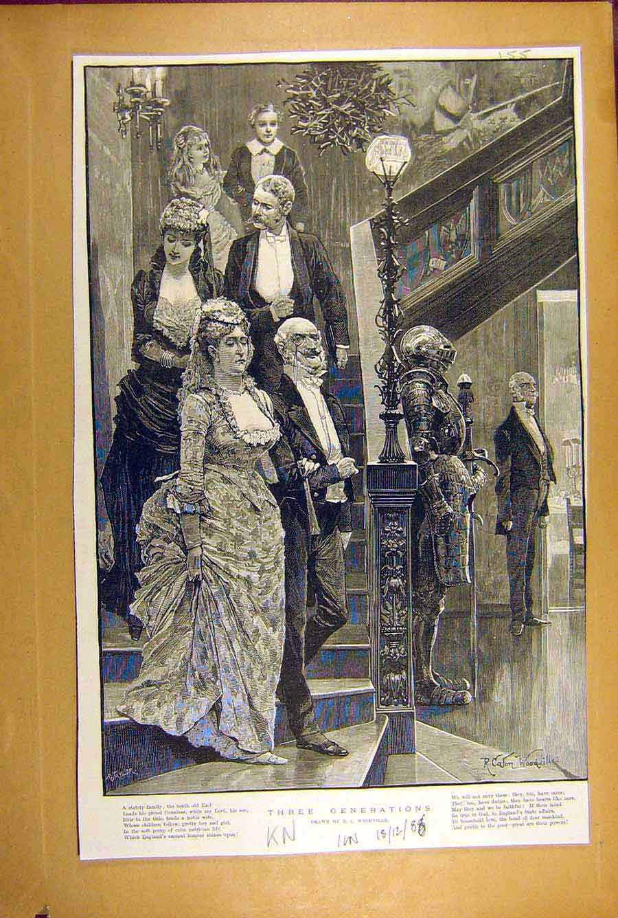 Old Antique Print 1886 Three Generation Sketch Woodville Family Staircase 19th