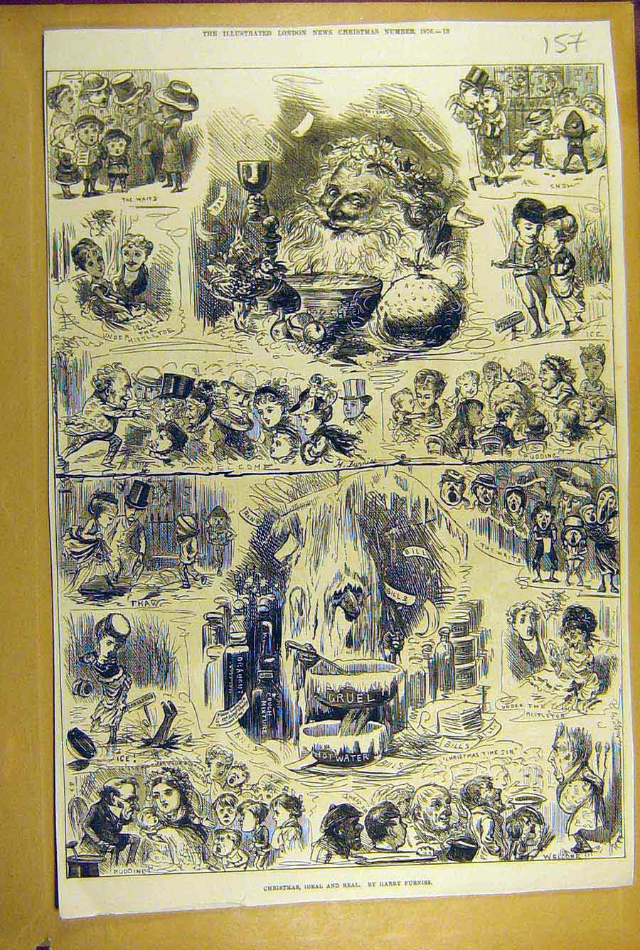 Original Old Antique Print 1876 Christmas Furniss Sketches Celebration Scenes