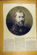 Original Old Antique Print 1871 Hrh Prince Wales Portrait Sketch Royal Victorian