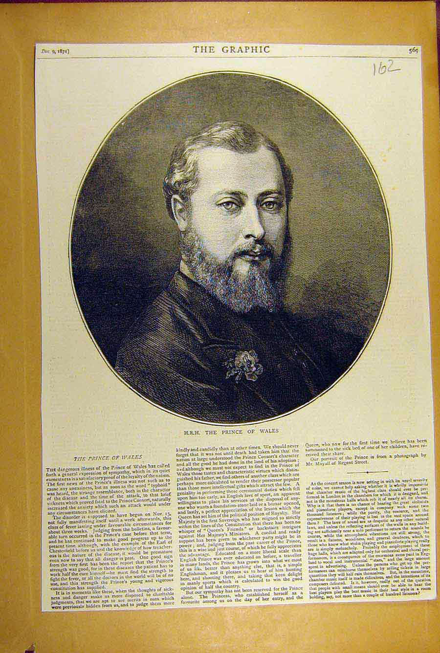 Original Old Antique Print 1871 Hrh Prince Wales Portrait Sketch Royal Victorian