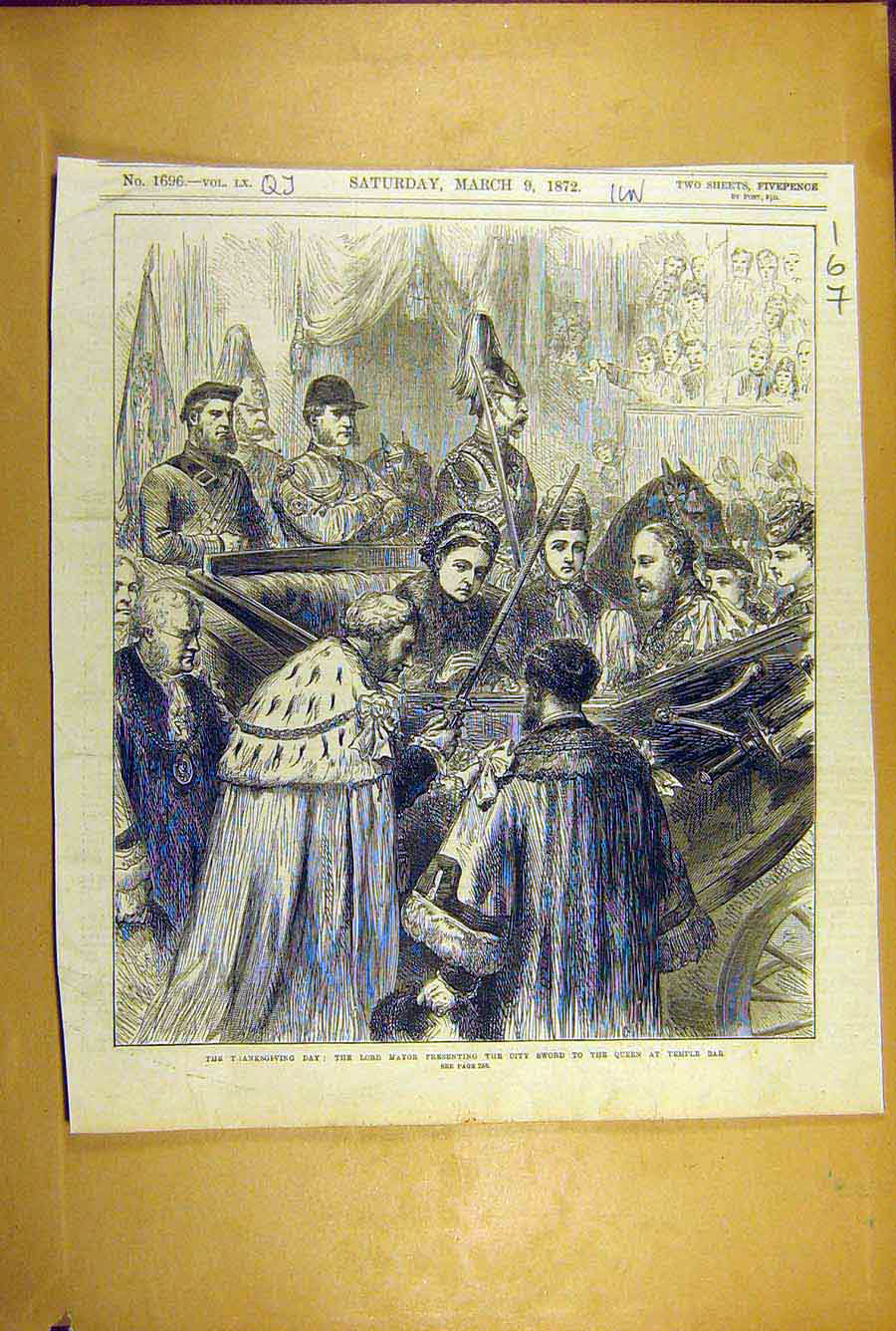 Old Antique Print 1872 Thanksgiving Day Royal Queen Lord Mayor Temple Bar 19th