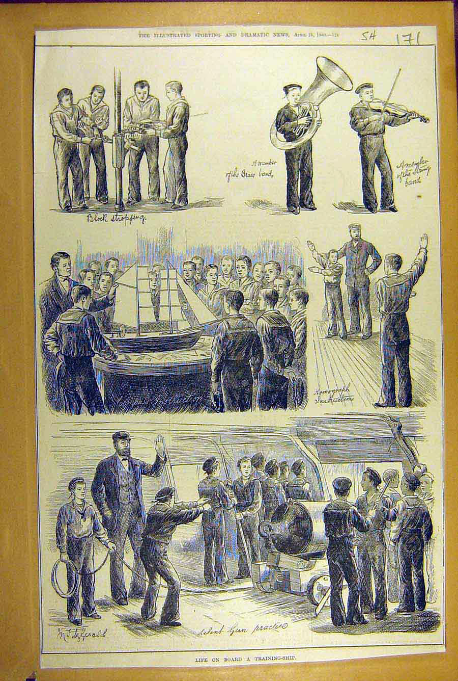 Old Antique Print 1880 Training-Ship Life On-Board Sketches Sailors Naval 19th