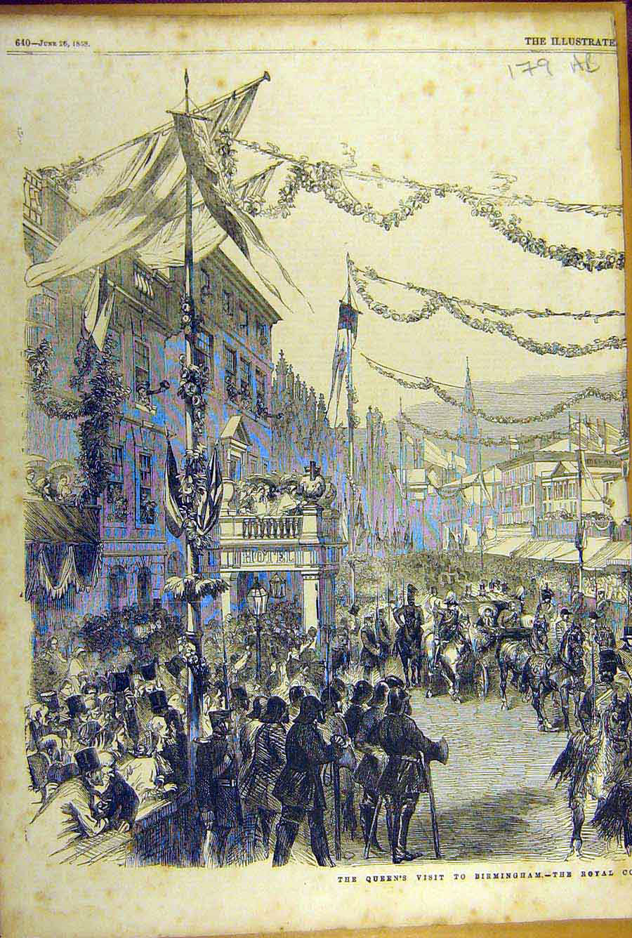 Original Old Antique Print 1858 Royal Visit Birmingham Cortege New-Street Queen