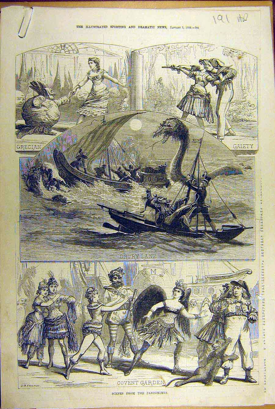 Original Old Antique Print 1880 London Pantomimes Theatre Drury Covent Sadlers