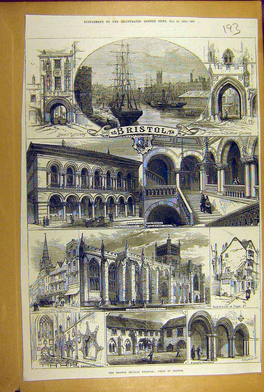 Original Old Antique Print 1873 Bristol Cathedral Abbey Music-Festival Colston