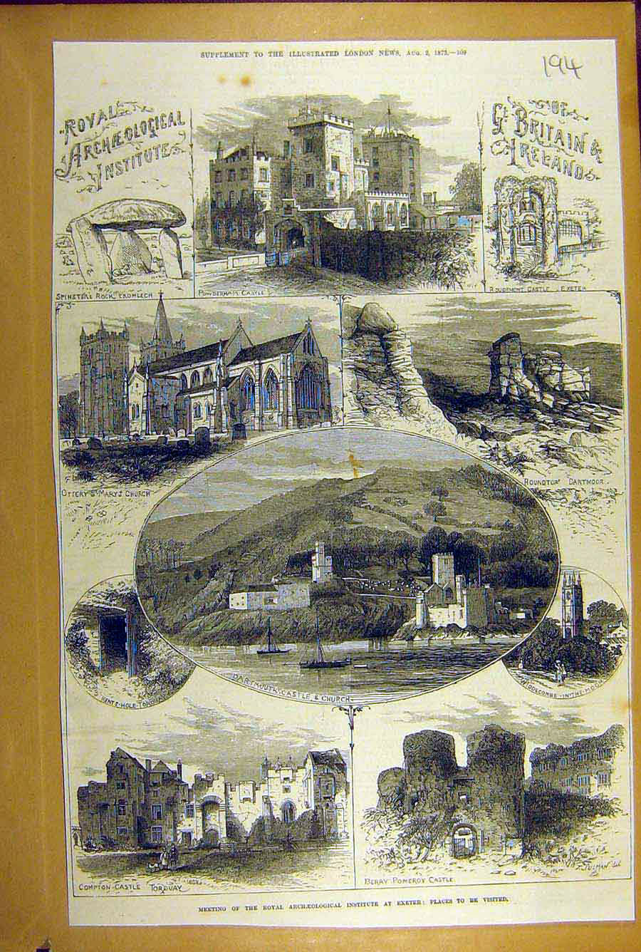 Original Old Antique Print 1873 Exeter Compton Castle Dartmouth Dartmoor 19th