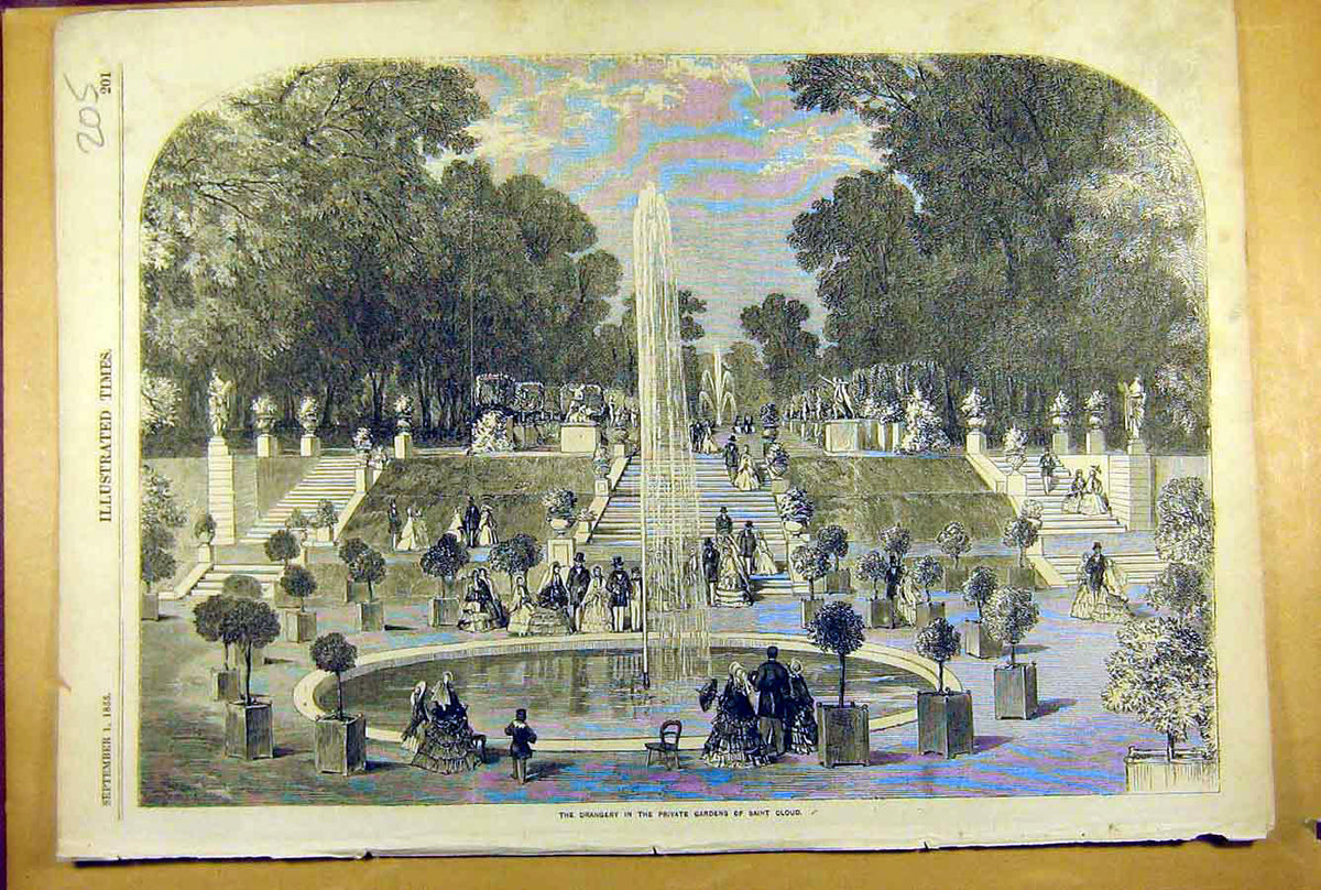 Old Antique Print 1855 Orangery Private-Garden Saint-Cloud Royal Fountain 19th