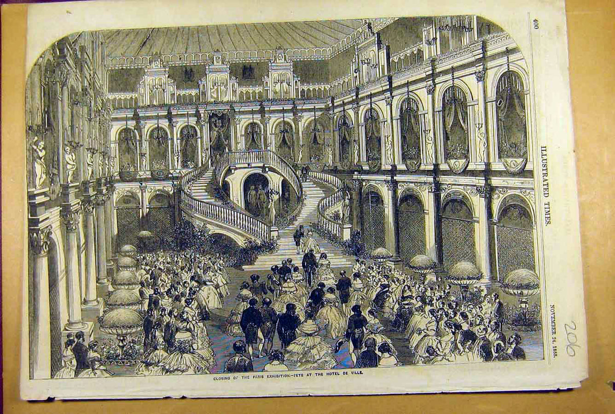 Original Old Antique Print 1855 Paris Exhibition Fete Hotel-De-Ville Building
