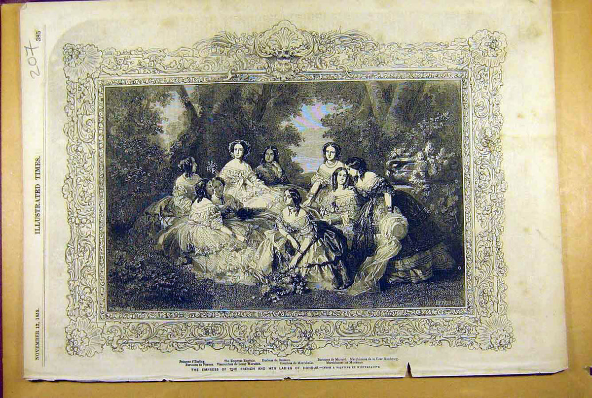 Old Antique Print 1855 Empress French Ladies Honour Portrait Winterhalter 19th