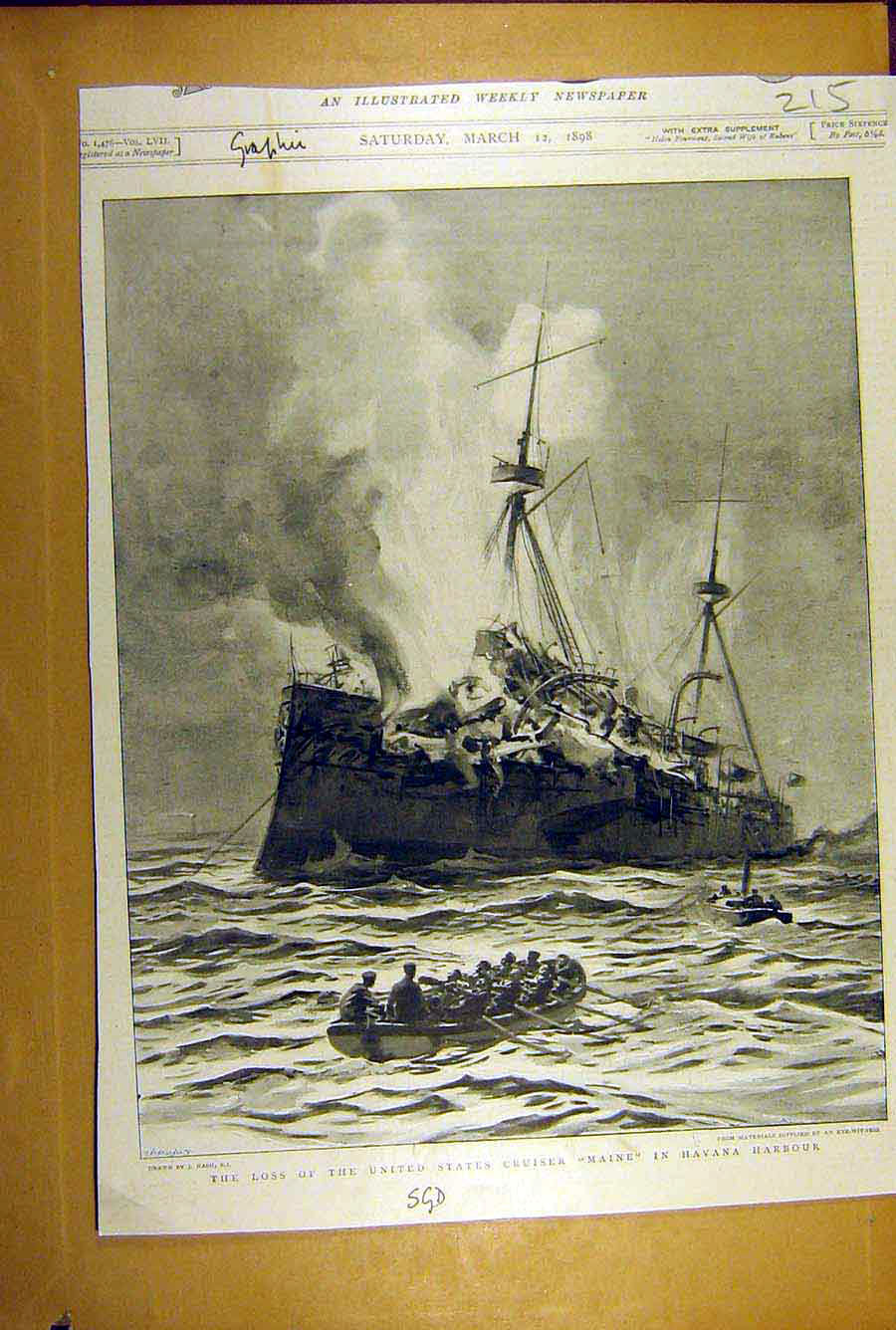 Original Old Antique Print 1898 United States Cruiser Maine Havana Harbour Wreck