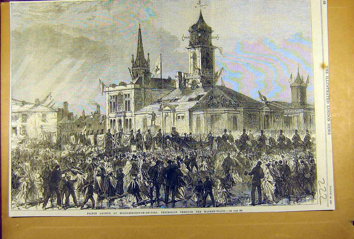 Old Antique Print 1868 Prince Arthur Middlesborough-On-Tees Market-Place 19th