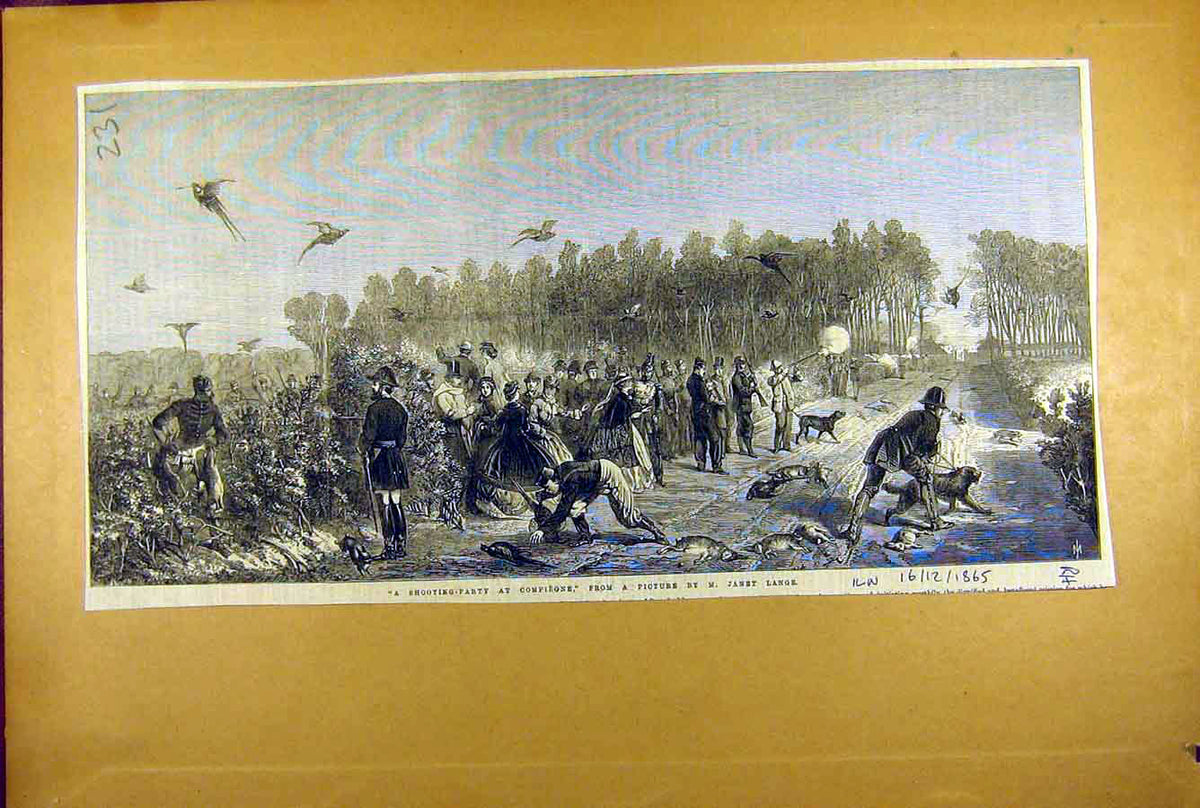 Original Old Antique Print 1865 Shooting Party Compiegne Lange Fine Art 19th