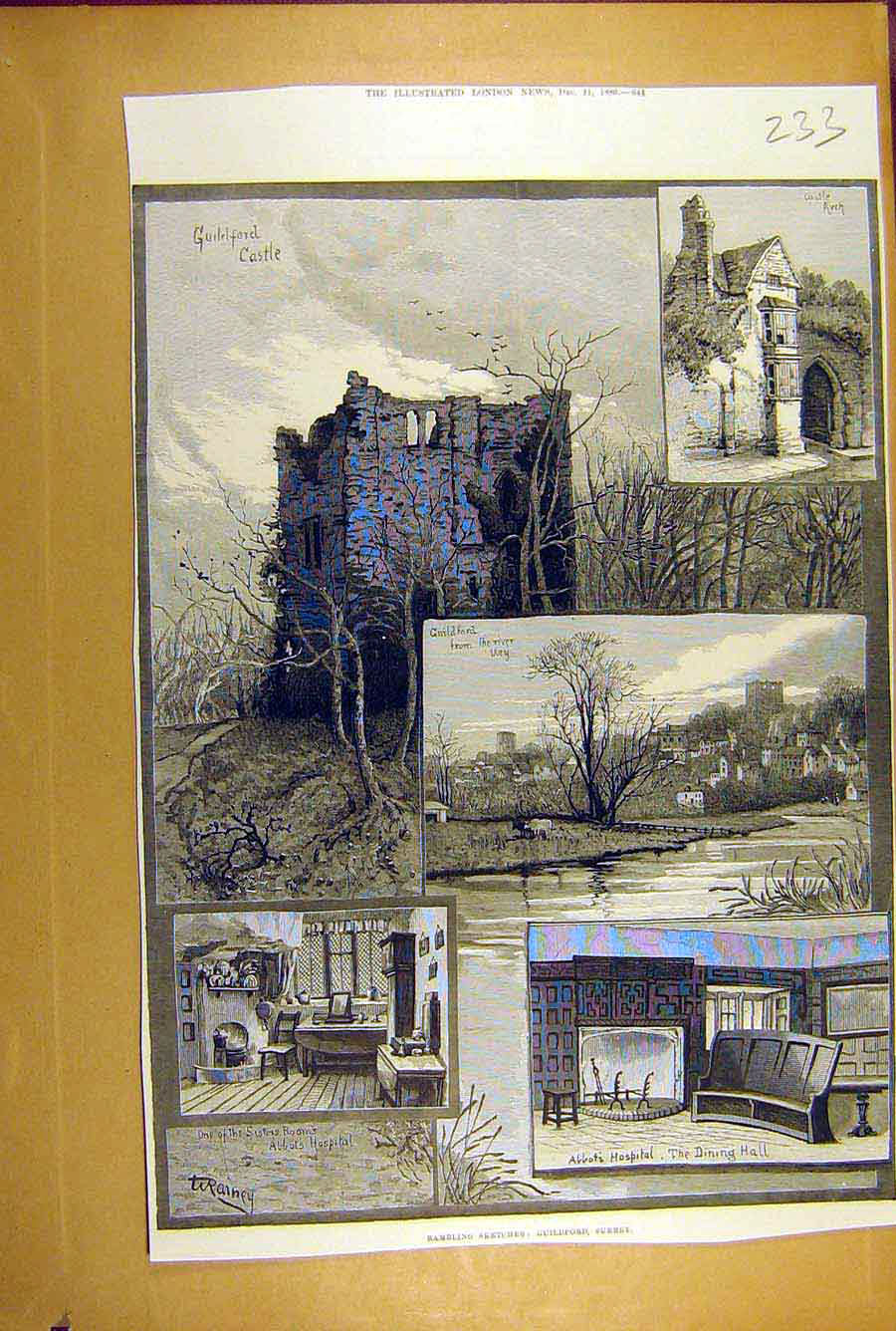 Old Antique Print 1886 Sketches Guildford Surrey Abbot'S Hospital Castle 19th