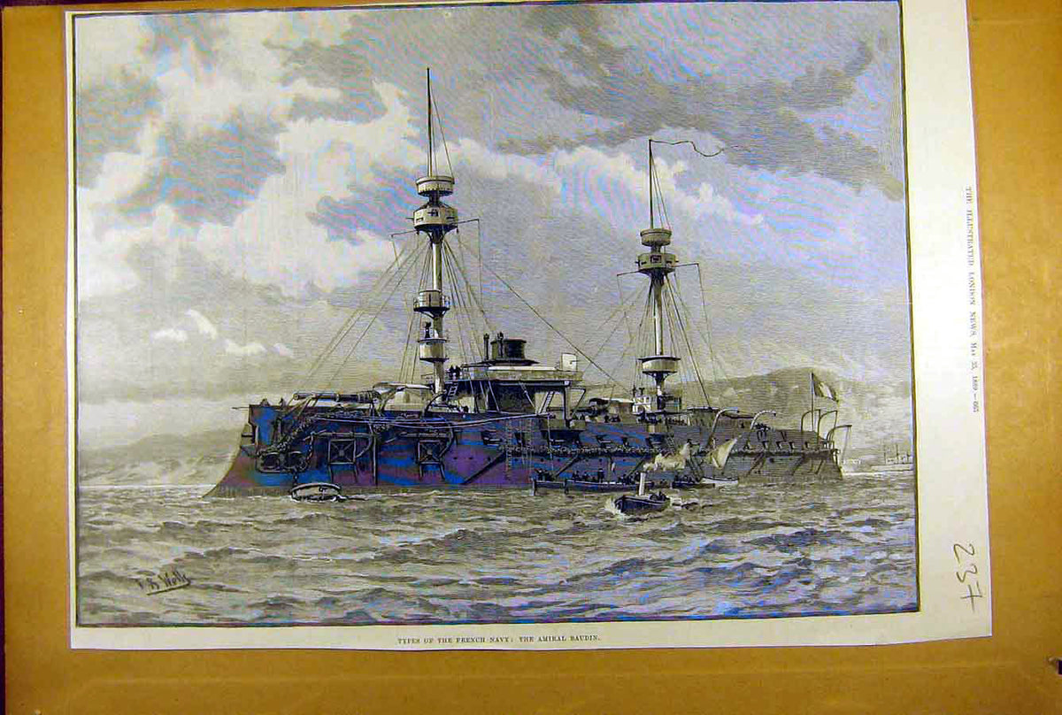 Original Old Antique Print 1889 French Navy Amiral Baudin Ship Naval Victorian