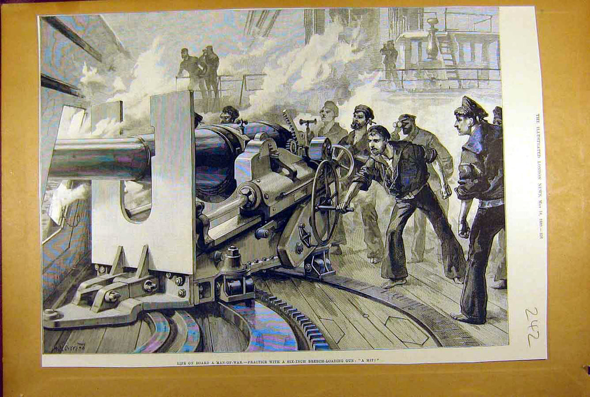 Original Old Antique Print 1889 Man-Of-War Six-Inch Breech Gun Practice Navy