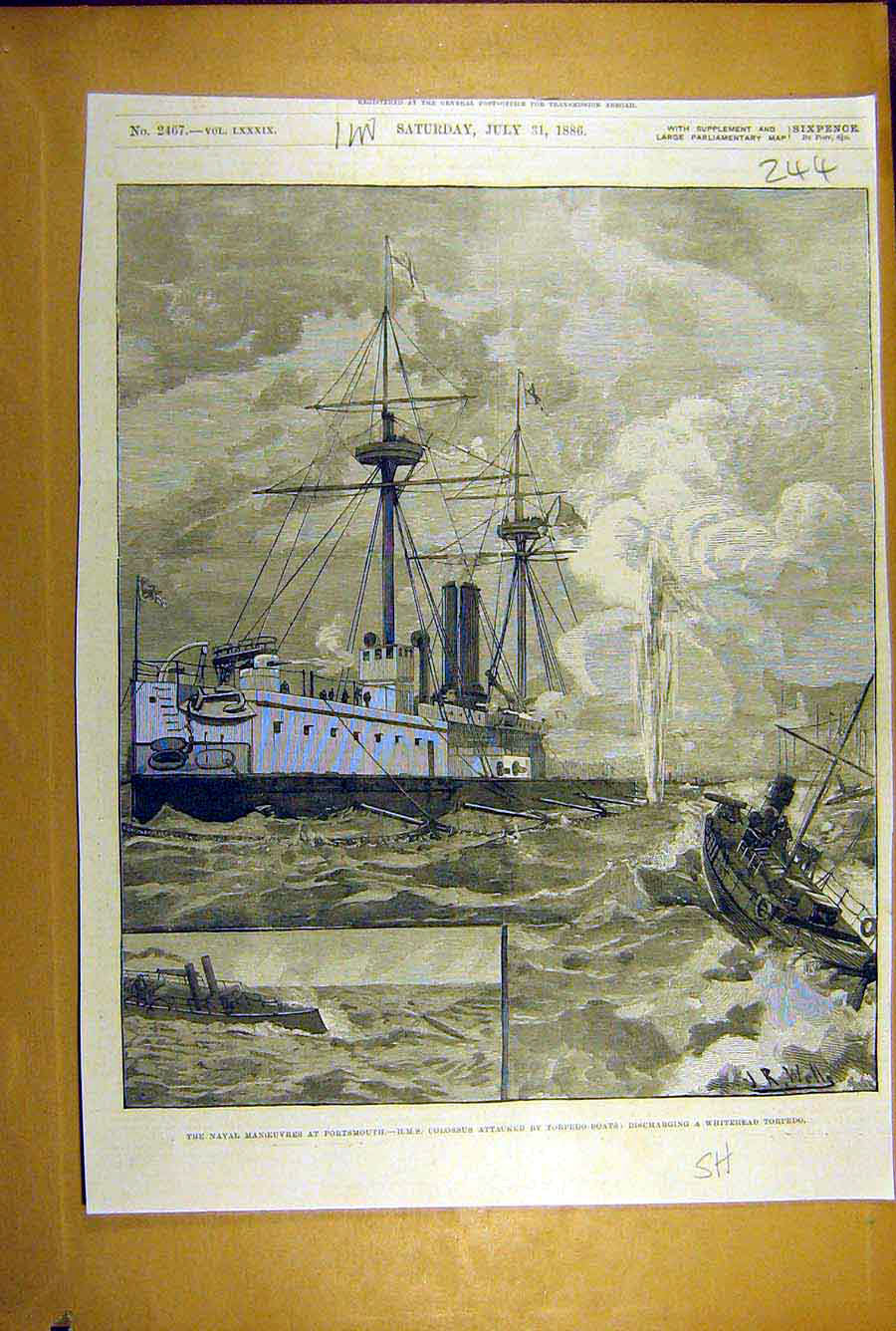 Original Old Antique Print 1886 Naval Manoeuvres Portsmouth Hms Colossus Torpedo