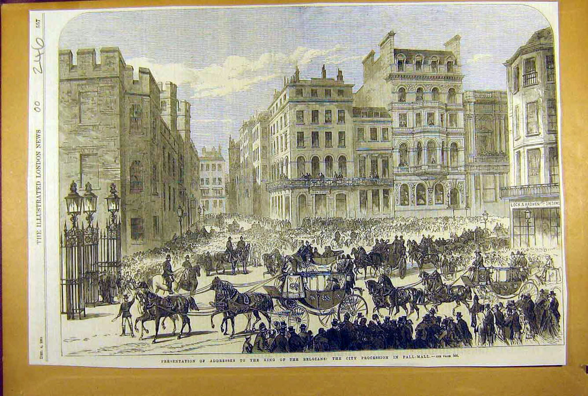 Original Old Antique Print 1869 King Belgian Address City Procession Pall-Mall