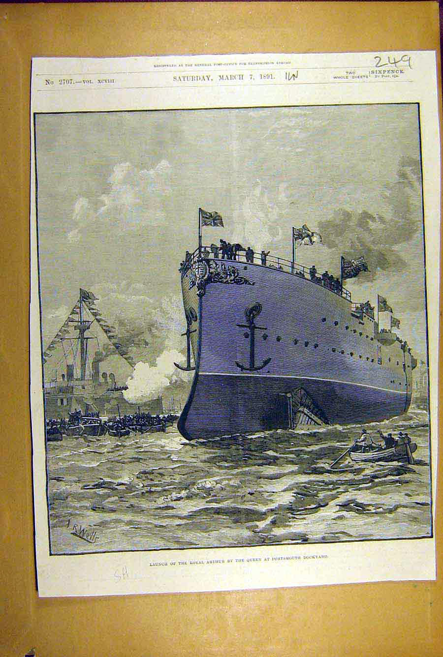 Old Antique Print 1891 Ship Royal Arthur Queen Portsmouth Dockyard Launch 19th