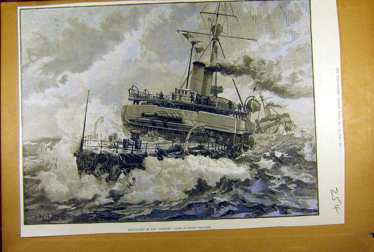 Original Old Antique Print 1890 Battle-Ship Admiral Heavy Weather Naval 19th