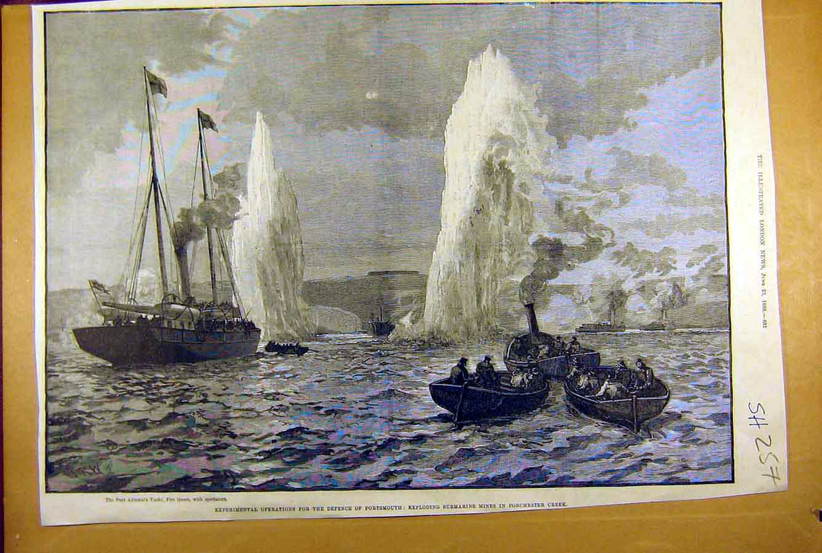 Old Antique Print 1888 Porchester Creeksubmarine Mines Port Admiral Yacht 19th