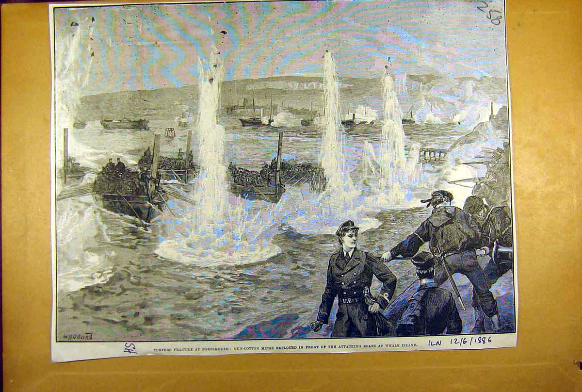 Original Old Antique Print 1886 Whale Island Torpedo Practice Gun-Cotton Mines
