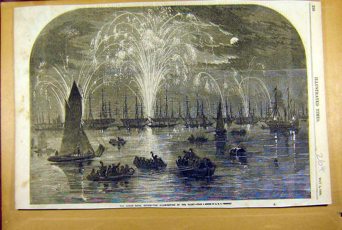 Original Old Antique Print 1856 Naval Review Illumination Fleet Ships Victorian